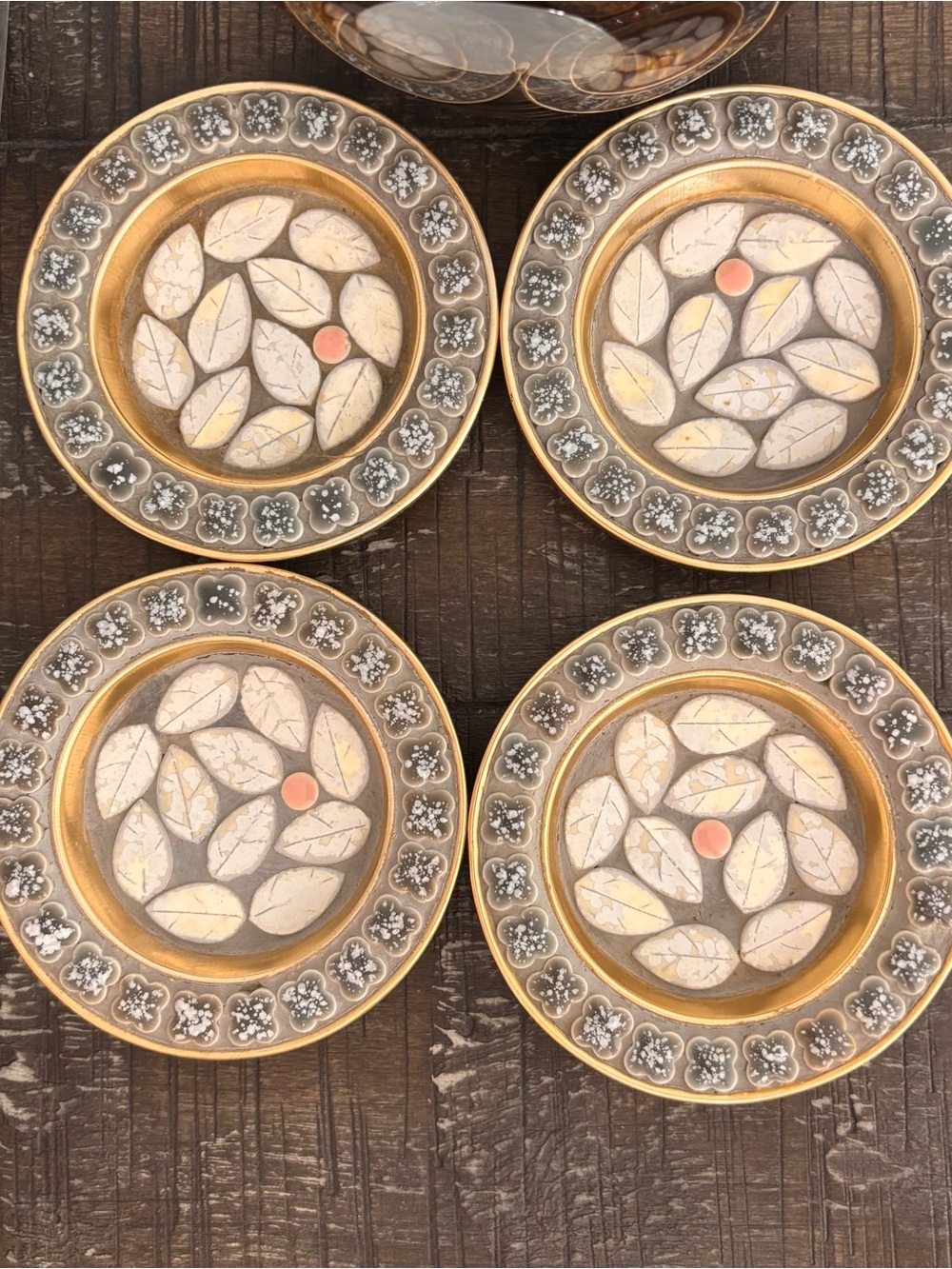 Vintage set of 4 mid-century modern mosaic tile coasters or small trinket dishes